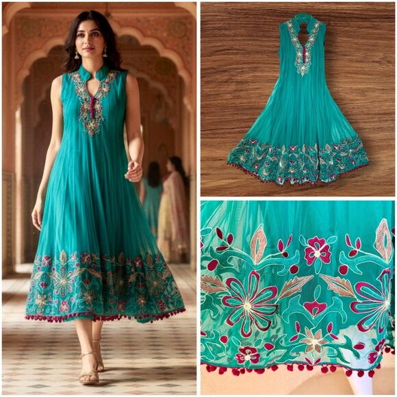 Emerald Embroidered Indian Anarkali Kurti Style Dress - Picture 1 of 8